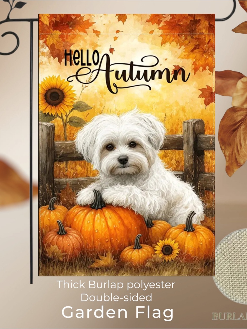 Hello Autumn Garden Flag Cute Dog Pumpkins, approx 12”x18, burlap